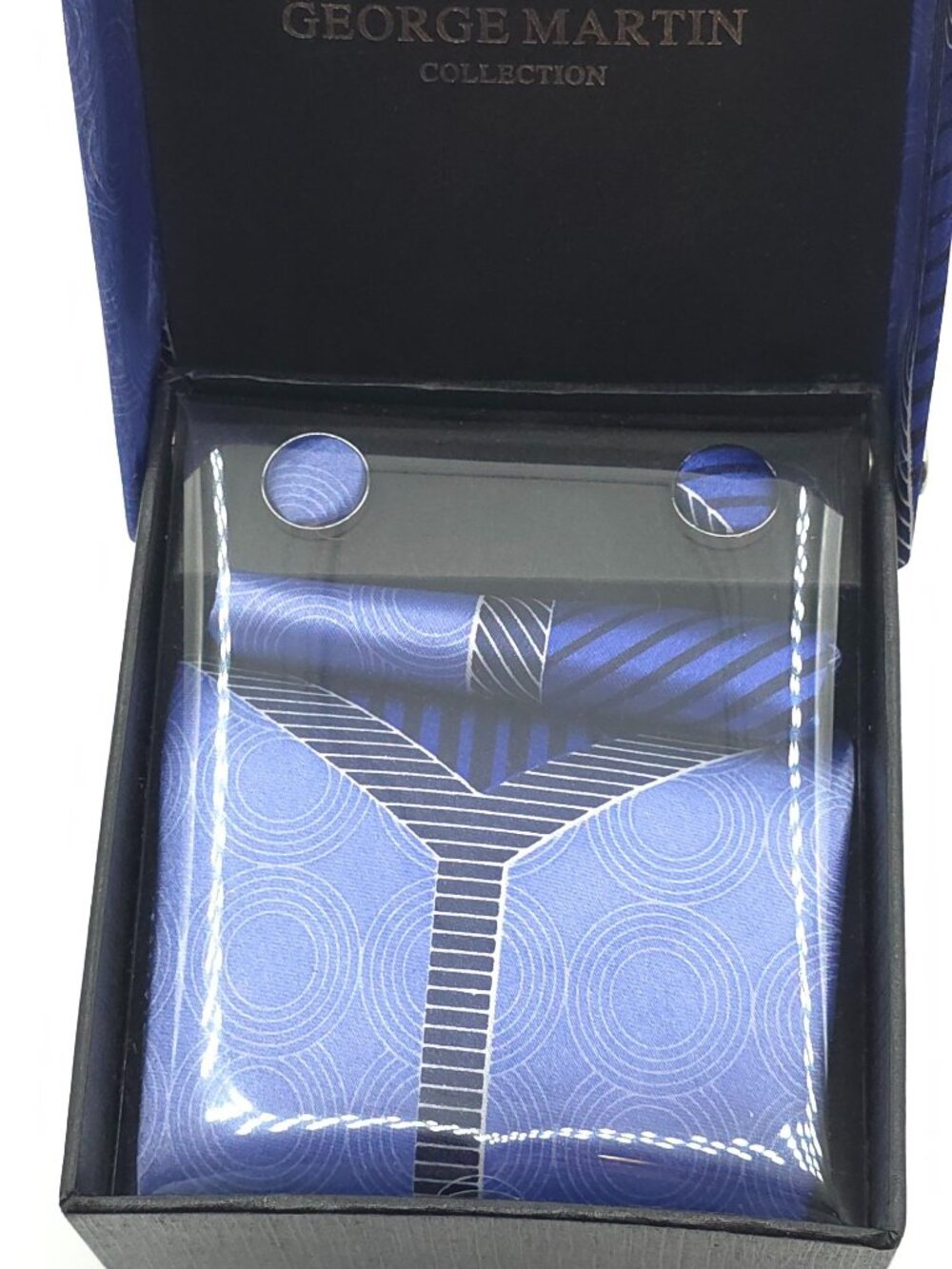 George Martin Collection Men's Blue Patterned Tie Set W/ Cufflinks & Pocket Squa